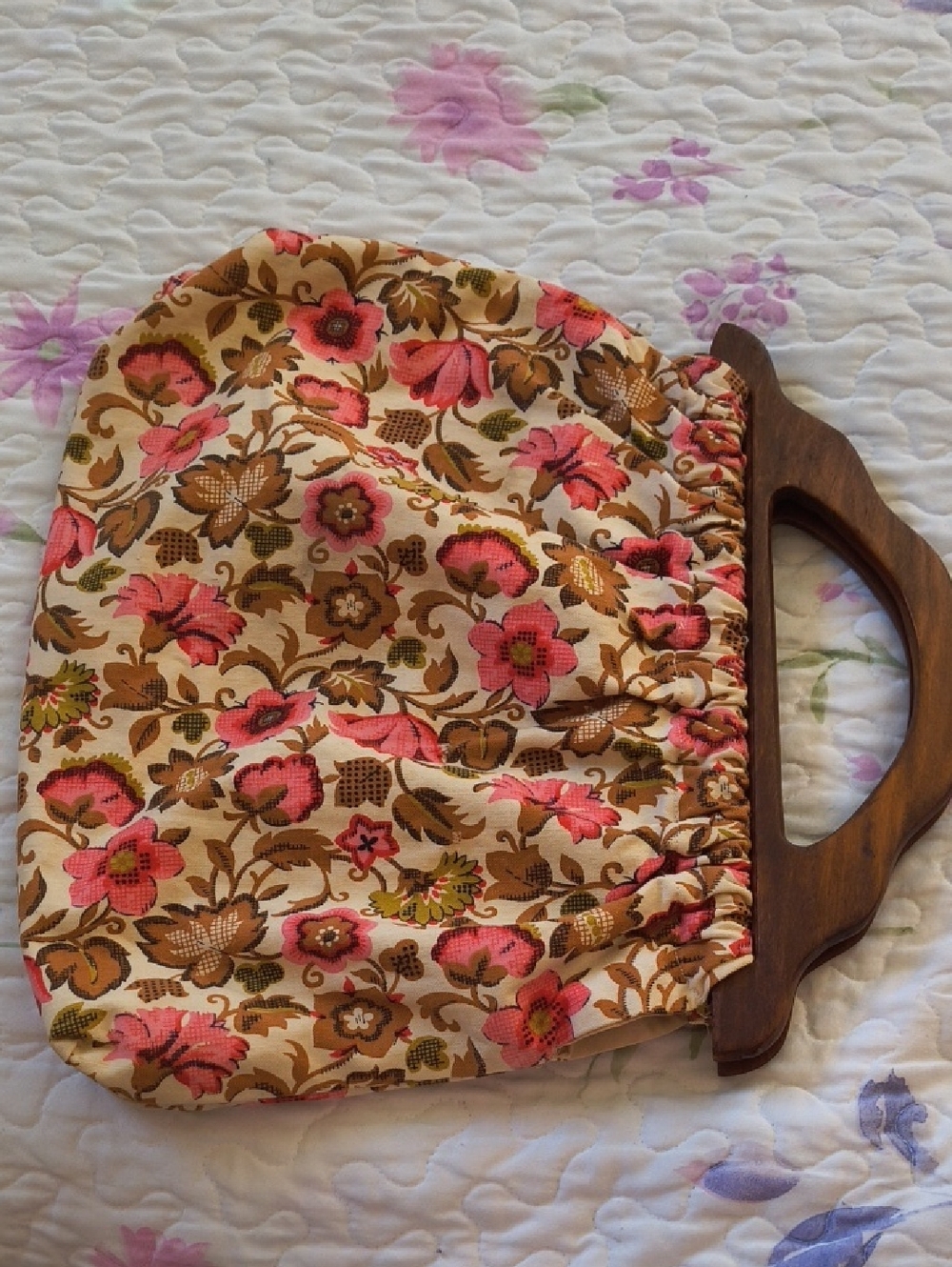 Floral Pink and Brown Wooden-Handle Tote Bag
